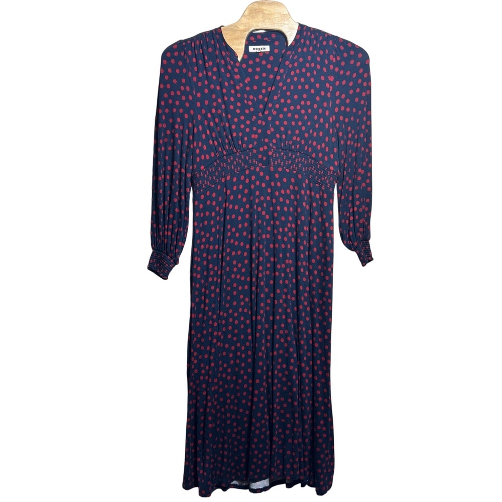 Boden Ivy Smocked Midi Dress Navy Blue Red Polka Dot US 20-22 D1034